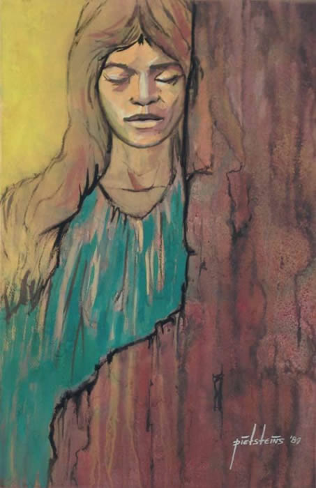 Woman, tree trunk